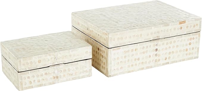 Deco 79 Mother of Pearl Shell Geometric Handmade Decorative Box Mosaic Dot Storage Decorative Keepsake Box with Brown Accents, Set of 2 Storage Box 12", 8"W, Cream