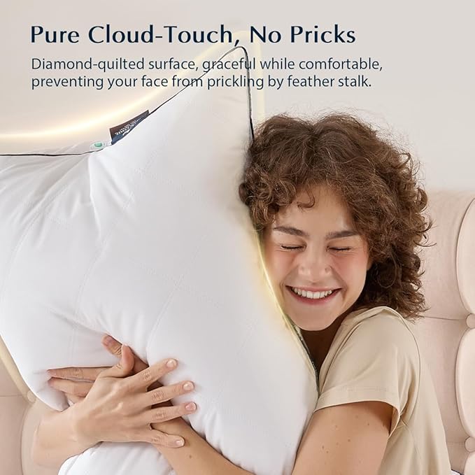 Pacific Coast Bed Pillow, Luxury Hotel Collection Goose Feather & Down, Classic Diamond Quilted Pattern, for Side and Back Sleepers, Medium Support, Queen Size, 2-Pack