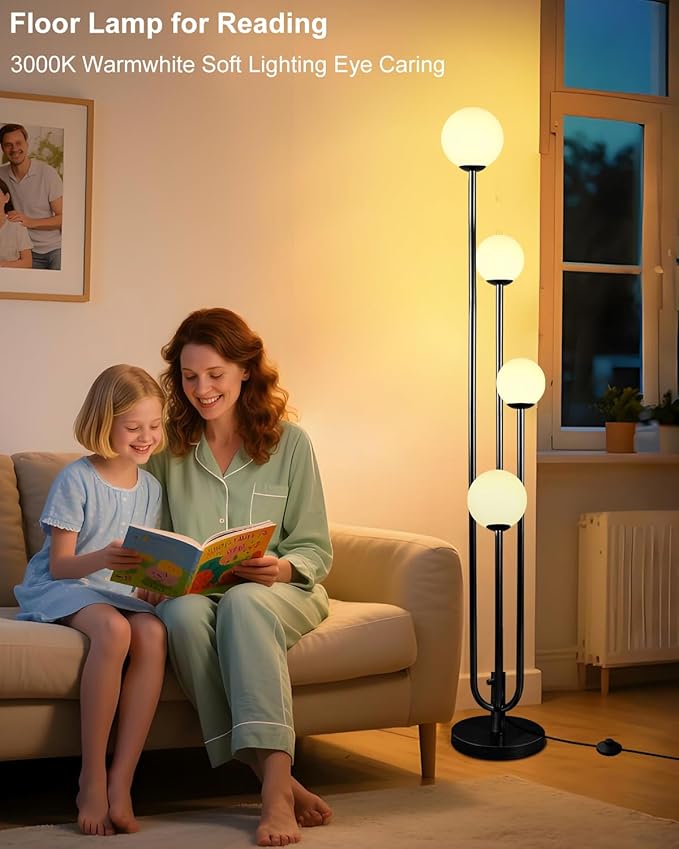 ACOHOOK 63IN 4-Light Dimmable Floor Lamp, Unique Black Tall Standing Lamps with Globe Shade &3000K G9 Bulbs for Reading, Mid Century Modern Floor Lamp for Living Room Bedroom Office