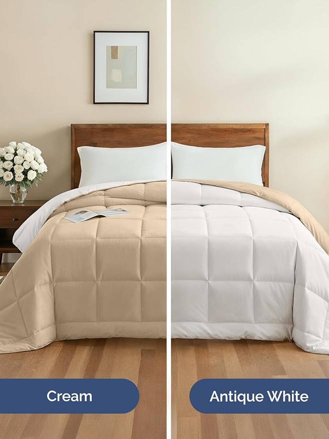 Queen Size, Cream & Antique White Reversible Alternative Down Comforter - Warm Lightweight Breathable Hotel Quality Bedding Set - All Season Fluffy Oversized Cooling Microfiber Duvet Insert Comforter