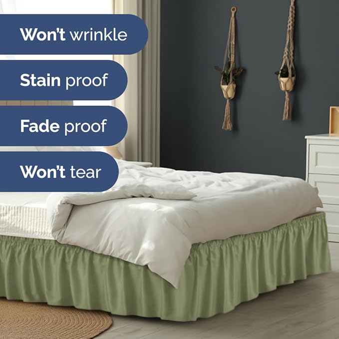 Wrap Around Dust Ruffle Bed Skirt - Sage Green - for Full Size Beds w/ 14 Inch Drop - Easy Fit Elastic Strap - Adjustable Pleated Bedskirt with Brushed Fabric, Wrinkle Free Women, Men, Kids and Teens