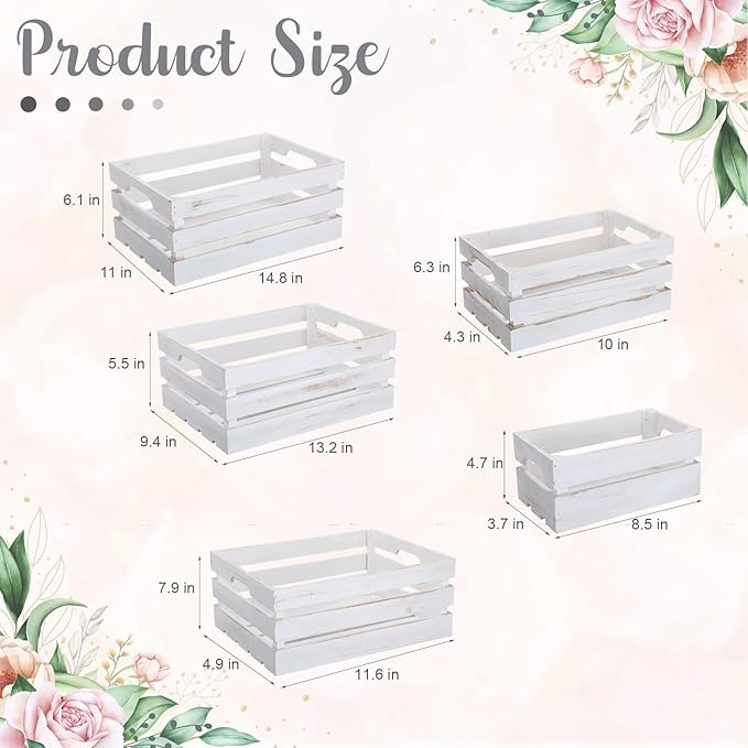 Soaoo 5 Pcs Decorative Nesting Wooden Crates for Storage Display 5 Size Large Small Rustic Wood Decorative Storage Crates with Handle Farmhouse Crate Box Container Made from Pine(Painted White)
