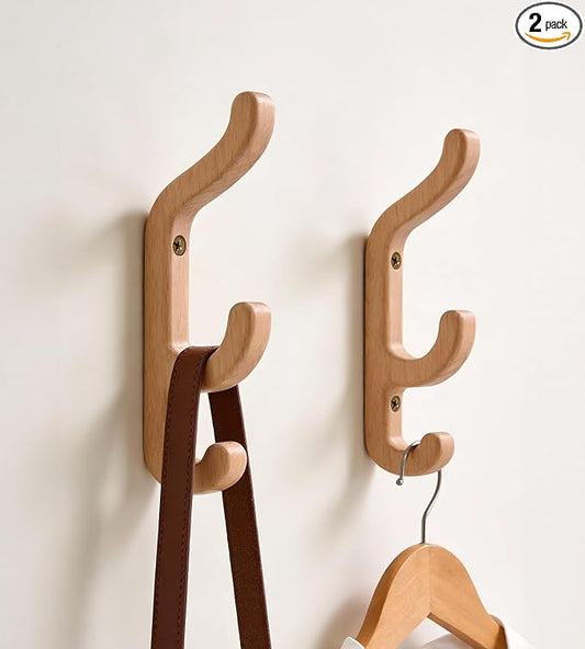 Wooden Wall Hooks for Coat and Towel – 2 Pack Beech Wood Pegs for Heavy Bags, Towels, Hats & Clothes, WCH3B, Wall Mounted Modern Home Decor, Patent Pending, Large