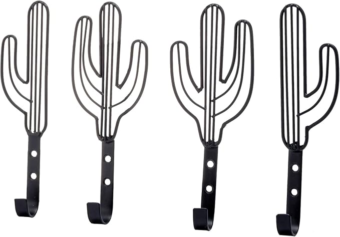 MyGift Wall Mounted Decorative Black Metal Entryway Coat Hooks Saguaro Cactus Shaped Hanging Novelty Hooks, Southwest Style Home Decor, Set of 4