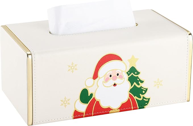 GORESE Christmas Tissue Box Cover for Kleenex, Rectangle Santa Print Tissue Box Holder, PU Leather Christmas Decorative Tissue Covers for Countertop, Xmas Gift for Women and Men