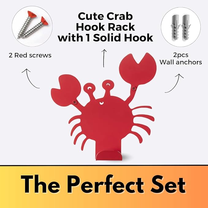 Cute Crab Wall Hook – Heavy-Duty Metal Hook for Hanging Coats, Backpacks, Towels & More – Fun Kids’ Wall Hooks for Bedroom, Playroom, Nursery & Bathroom – Decorative & Durable (Red)