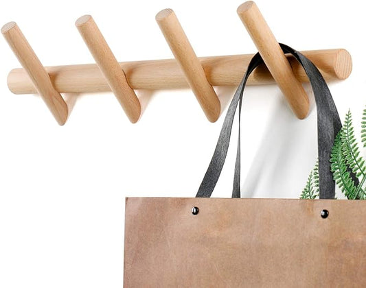 Wood Coat Hooks Wall Mounted Hat Rack Tower Hanger Wall Hooks Decorative Hanger with Pegs Entryway Bedroom Bathroom（Beech Wood,4 Hooks）