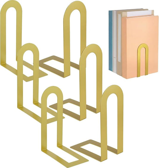 Chunful 6 Pcs Modern Metal Book Ends for Shelves Decorative Small Bookends Book Shelf Organizer Minimalist Design Stopper to Hold Books for Home Office (5.5 * 3.75 * 2.25inch,Gold)