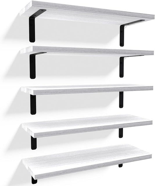 RICHER HOUSE Floating Wall Shelves, Rustic Wood Bathroom Shelves Set of 5, Farmhouse Style Shelf for Décor, Hanging Bedroom, Storage, Kitchen, Living Room - White