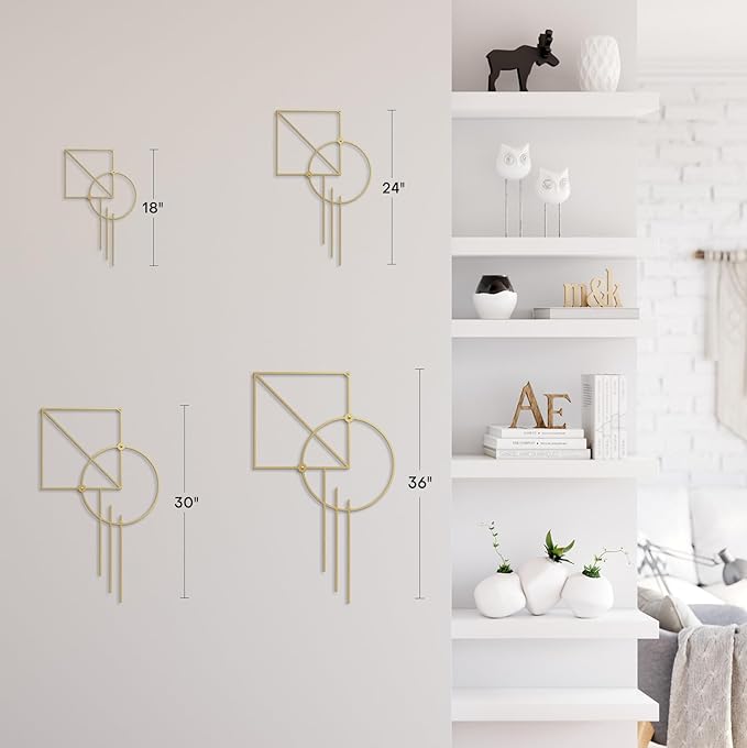 SIGNLEADER Metal Wall Decor Rectangle Circle Linear Minimalist Modern Luxury Wall Sculpture Hangings 3D Statue Home Decoration for Living Room, Bedroom, Bathroom, Kitchen, Fireplace, Office - 24" Gold