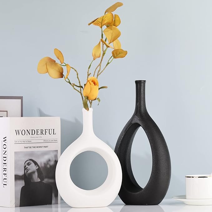 Black White Ceramic Vase Set 2,Modern Hollow Circle with Hole Flower Vase for Home Decor,for Table Centerpieces,Farmhouse,Fire Place,Living Room,Bedroom,Office,Bookshelf,Rustic Decor