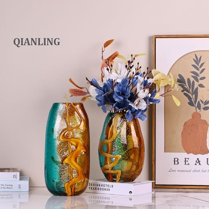 Handcrafted Glass Vase with Amber and Turquoise Colors - Artistic Decorative Flower Vase for Home Decor, Modern Art Piece for Living Room, Dining Table, and Office Desk (13.8 in)