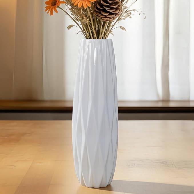 12 Inch White Vase Ceramic Flower Vase, Tall Vases for Pampas Grass, Home Decor, Modern Textured Vases for Living Room Decorations,Table Centerpieces,Shelf,Farmhouse Small Ceramic Vase