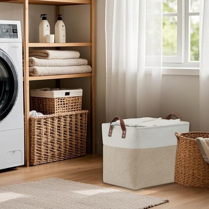 DECOMOMO Large Fabric Storage Baskets - Linen Closet Storage Bins with Handles for Laundry, Clothes, Home, Office (Beige & White, XXL - 3 Pack)
