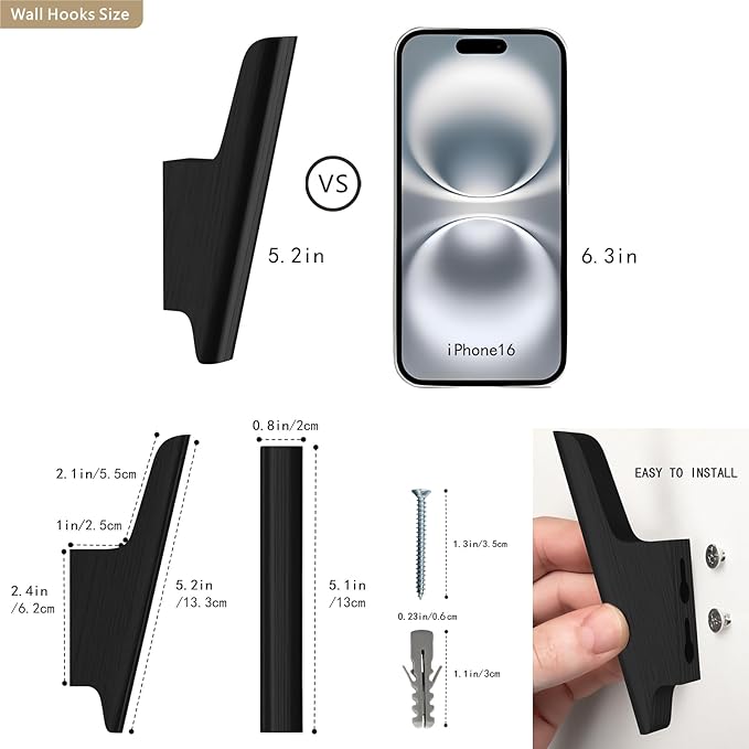 Wood Wall Hooks 4 Pack Coat Hooks Wall Mount Black Wooden Hooks for Hanging Hat, Bag, Backpack, Rustic Coat Hooks for Wall, Wood Towel Hooks for Bathrooms and Entryway Hooks (Black)