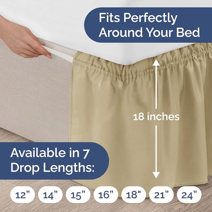 Wrap Around Dust Ruffle Bed Skirt - Beige - Twin/Twin XL Size Beds with 18 Inch Drop - Easy Fit Elastic Strap - Adjustable Pleated Bedskirt w/Brushed Fabric - Wrinkle Free - Women, Men, Kids & Teens