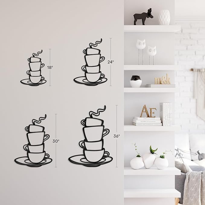 SIGNLEADER Metal Wall Art Decor Coffee Cup Modern Abstract Wall Sculpture Hangings Home Decoration for Living Room, Bedroom, Bathroom, Kitchen, Outdoor - 18" Black