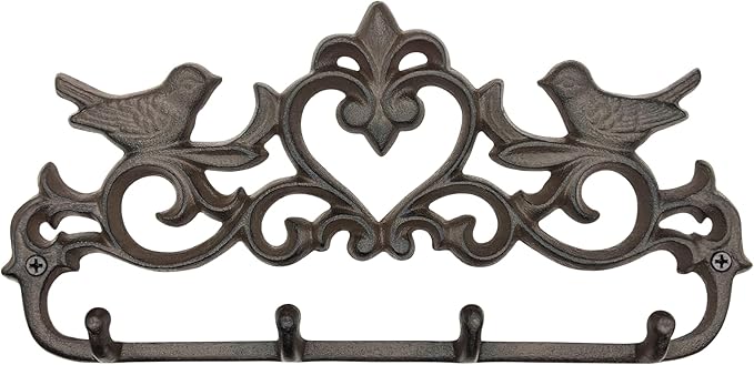 Vintage Cast Iron Wall Mounted Coat Rack with 4 Hooks - Rustic Wall Hook Rack, Farmhouse Key Holder, Heavy Duty Towel Hanger, Decorative Bird & Heart Design, Antique Black-Brown