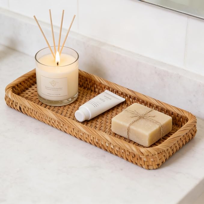 Small Rattan Serving Tray, Woven Rectangle Tray Key Basket for Entryway Table, Natural Wicker Trays Fruit Bowl Decorative Baskets for Bathroom