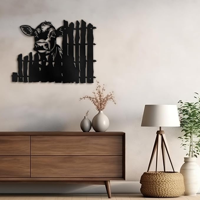 SIGNLEADER Metal Wall Art Decor Cows by the Fence Minimalist Modern Abstract Wall Sculpture Hangings Home Decoration for Living Room, Bedroom, Bathroom, Kitchen - 18" Black