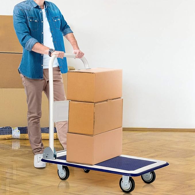 S AFSTAR Folding Push Cart Dolly, Rolling Platform Cart for Garage Warehouse, Portable Flatbed Cart with Non-Slip Swivel Casters (330Lbs Load-Bearing Capacity, Blue)
