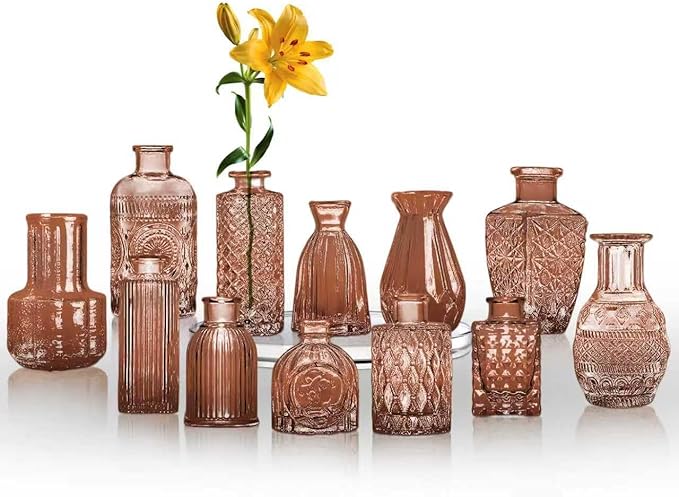 KUAGUINZUHE 12 Pcs Glass Bud Vase Set, Small Amber Vintage Flower Vases for Wedding Centerpieces in Bulk, Mini Embossed Vases for Home Table Decor, Party, Baby Shower Decorations