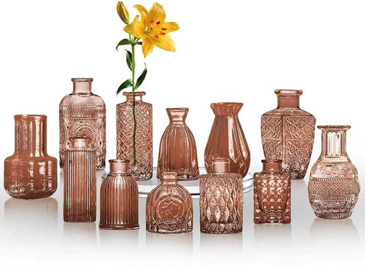 KUAGUINZUHE 12 Pcs Glass Bud Vase Set, Small Amber Vintage Flower Vases for Wedding Centerpieces in Bulk, Mini Embossed Vases for Home Table Decor, Party, Baby Shower Decorations