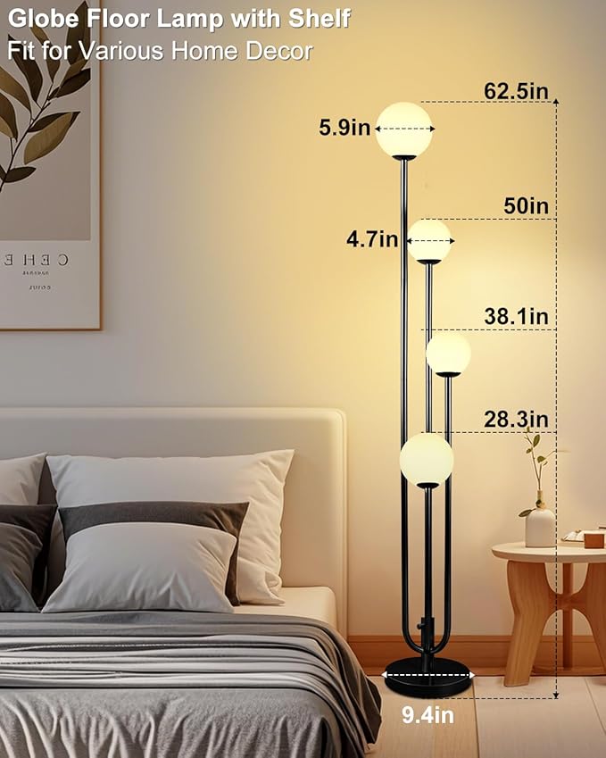 ACOHOOK 63IN 4-Light Dimmable Floor Lamp, Unique Black Tall Standing Lamps with Globe Shade &3000K G9 Bulbs for Reading, Mid Century Modern Floor Lamp for Living Room Bedroom Office