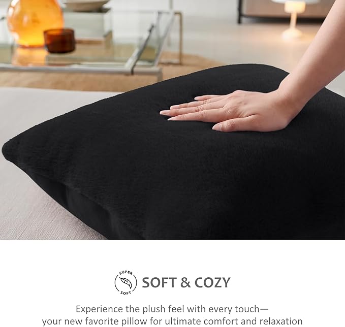 Pallene Faux Fur Plush Throw Pillow Covers 16x16 Set of 2, Luxury Soft Fluffy Cozy Decorative Pillow Covers for Sofa, Couch, Living Room, Black