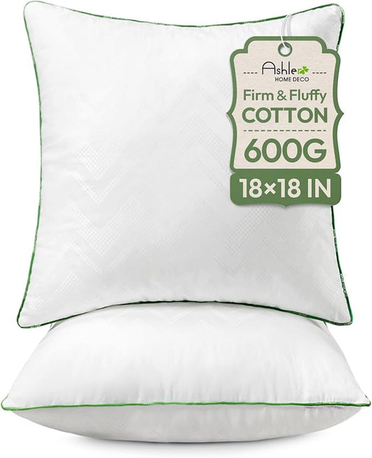 Ashler Home Deco 18x18 Pillows Insert (Set of 2) - Throw Pillow Inserts with 100% Cotton Cover - 18 Inch Square Interior Sofa Stuffer Pillow Inserts -Decorative White Couch Pillow