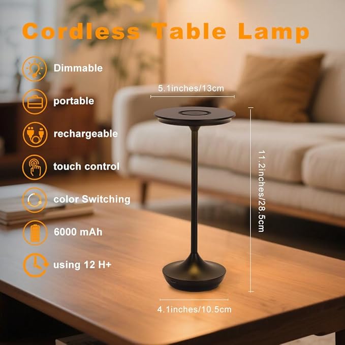 LED Cordless Table Lamp Rechargeable,Portable 6000mAh Battery Outdoor Bedside Table Lamps,3 Color Stepless Dimming Touch Battery Powered Lamp, Table Light for Restaurant/Patio/Camping/Bedroom(Black)
