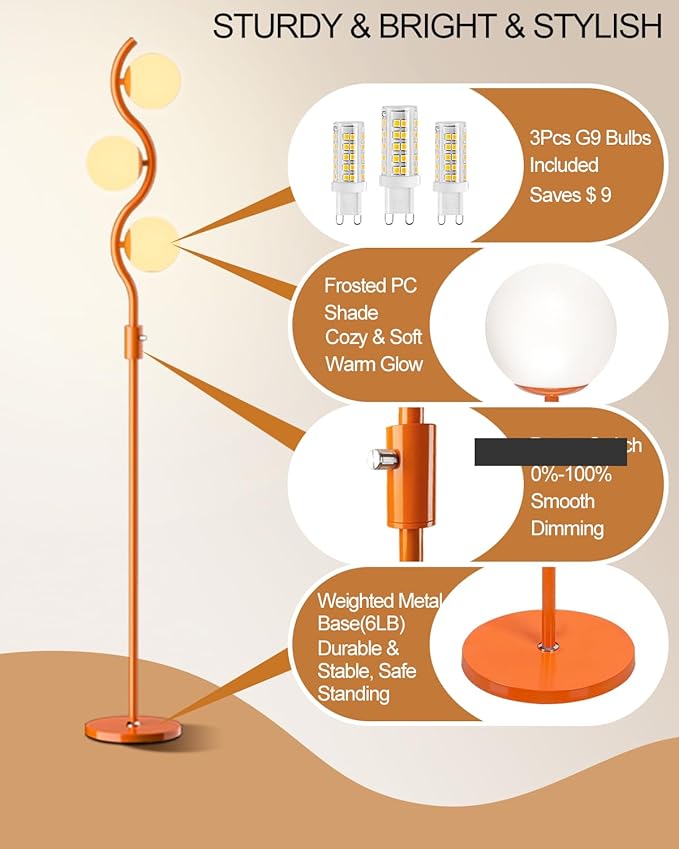 Lightdot 3-Globe Dimmable Floor Lamp Orange Mid Century Modern Standing Lamp with 3PCS 3000K G9 Bulbs Stepless Brightness Adjustable Stable Base for Living Room, Bedroom, Office
