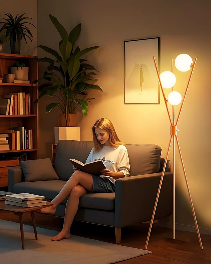 Lightdot Globe Standing Lamps Stepless Dimmable Tripod Floor Lamp with 3PCS 3000K G9 Bulbs Stable Base Orange Mid Century Modern Floor Lamp for Living Room/Bedroom