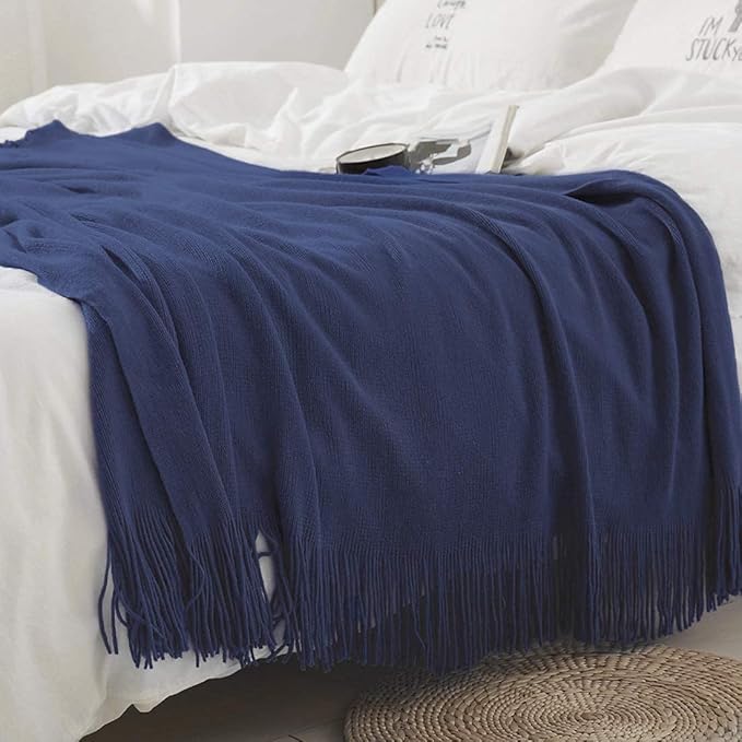 Homiest Decorative Knitted Throw Blanket with Fringe, Lightweight Acrylic Knit Blanket, Soft & Cozy Tassel Blanket for Couch, Sofa, Bed (Navy Blue, 60 x 80 Inch)