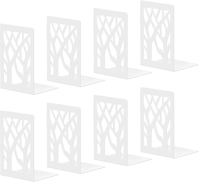 White Bookends 8 Pack, Tree Design Modern Metal Bookends for Shelves, Unique Tree Book Ends Decorative Book Organizer for Desk, Decorative Shelve Book Stopper for Home Office
