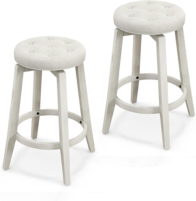 Giantex Swivel Bar Stools Set of 2, 26" Counter Height Stools w/Tufted Seat & Rubber Wood Frame, Round Backless Kitchen Stool with Footrest, Barstools for Kitchen Island/Breakfast/Pub, Antique White
