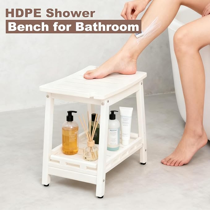 Large HDPE Shower Bench Seat for Shaving Legs, Waterproof Shower Stool with Storage Shelf for Bathroom, White