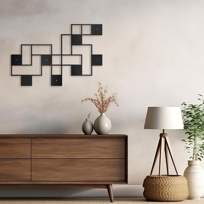 SIGNLEADER Metal Wall Decor Grids Geometric Minimalist Modern Luxury Wall Sculpture Hangings 3D Statue Home Decoration for Living Room, Bedroom, Bathroom, Kitchen, Fireplace, Office - 24" Black