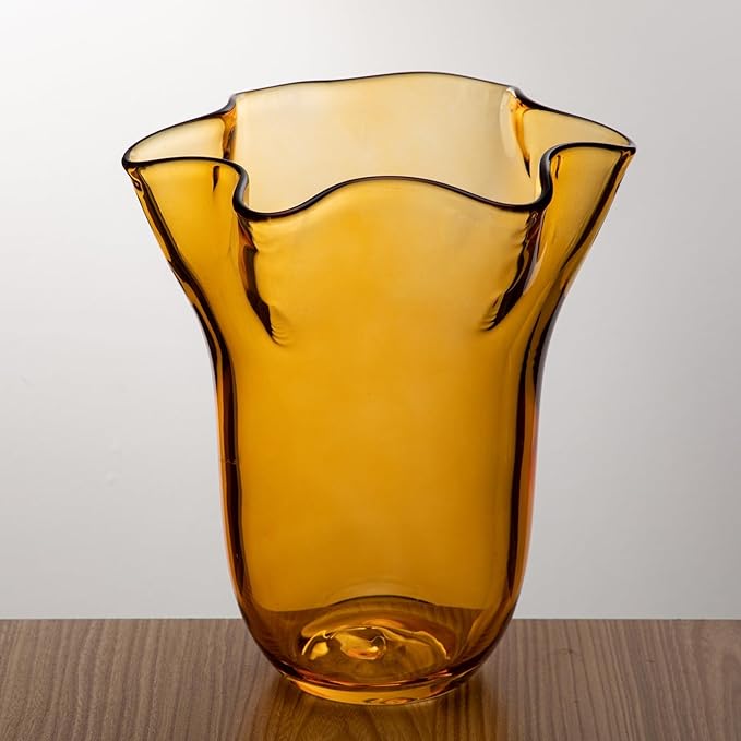 8 inch Amber Glass Vases Clear Flower Vases for Centerpiece, Large Crystal Vases for Flowers Wide Mouth Vase for Home Office Living Room Shelf Wedding Decor (Amber)