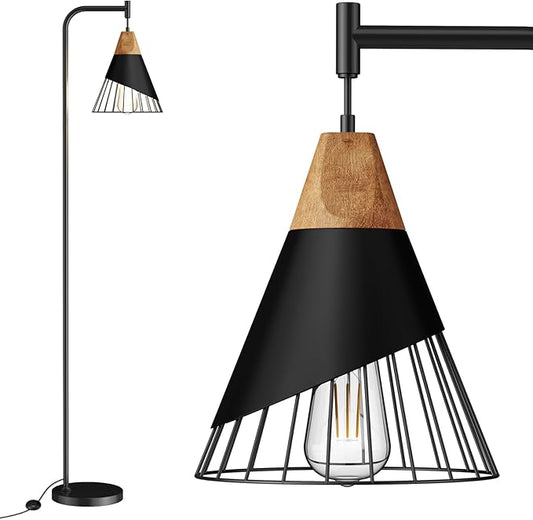 Alrryo 67" Industrial Floor Lamp with Wood & Black Metal Shade, Modern Standing Lamp, Rustic Farmhouse Tall Lamp for Living Room Bedroom Office, 2700K Bulb & Foot Switch Included (Black)