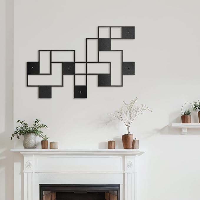 SIGNLEADER Metal Wall Decor Grids Geometric Minimalist Modern Luxury Wall Sculpture Hangings 3D Statue Home Decoration for Living Room, Bedroom, Bathroom, Kitchen, Fireplace, Office - 24" Black