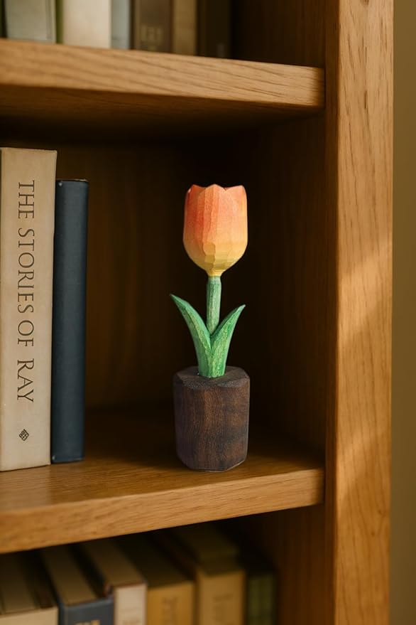 Handcrafted Wooden Tulip Figurine – Elegant Basswood Carved Sculpture, Unique Gift with Premium Gift Box, Ideal for Mother’s Day, Anniversary, Birthday, Home Office Décor (Orange)