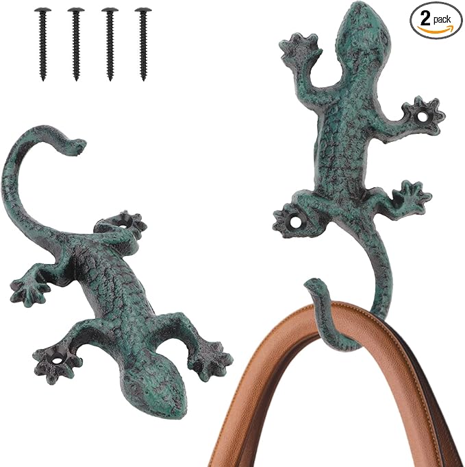 Cast Iron Gecko Wall Hooks Vintage Rustic Coat Rack with Hook Wall Coat Hooks Wall Mounted Heavy Duty Animal Hooks for Hanging Decorative Towel Hooks 2 Pcs (Gecko)
