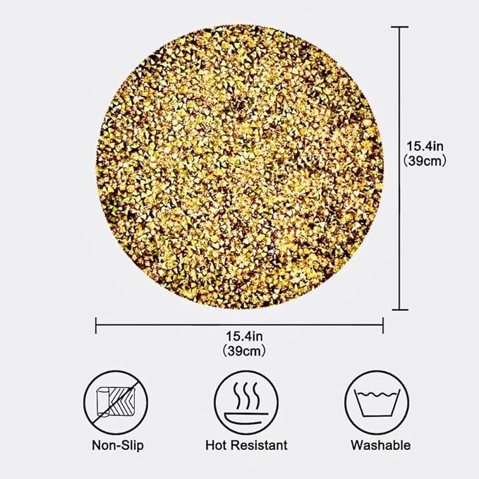 Round Placemats Set of 4 in Gold Heat Resistant Circle Bling Washable Table Mats for Dinner, Kitchen, Wedding, Decorative
