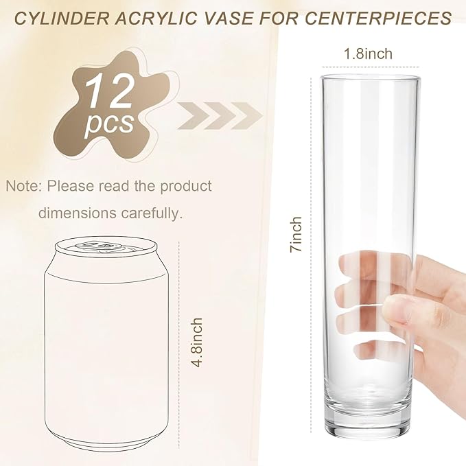 12 Pcs Acrylic Cylinder Bud Vases for Centerpieces, Acrylic Tall Flower Vase Clear Small Vases Bulk for Single Rose Table Centerpiece Wedding Home Decor Indoor Desk Office Party Decorations