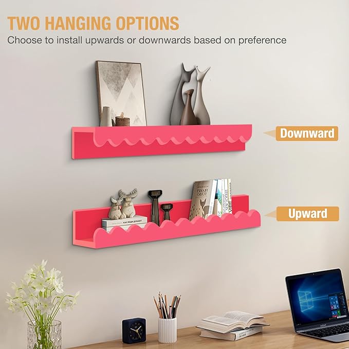 Nursery Shelves for Wall, Pink Scalloped Shelves Floating Wall Shelves Set Book Shelves for Kids, Home Decor Nursery Bookshelf Toilet Shelf (15.5 inch)