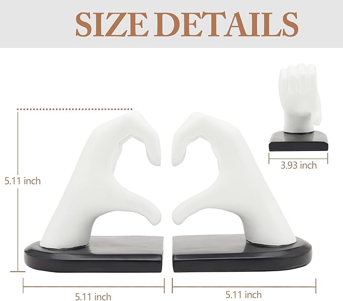 White Bookends, Heavy Duty Bookend Holder Decor, Finger Heart Shaped, Modern Art Sculpture, Bookends Decorative, Boho Decor for Desktop Bedroom Study Room(White)