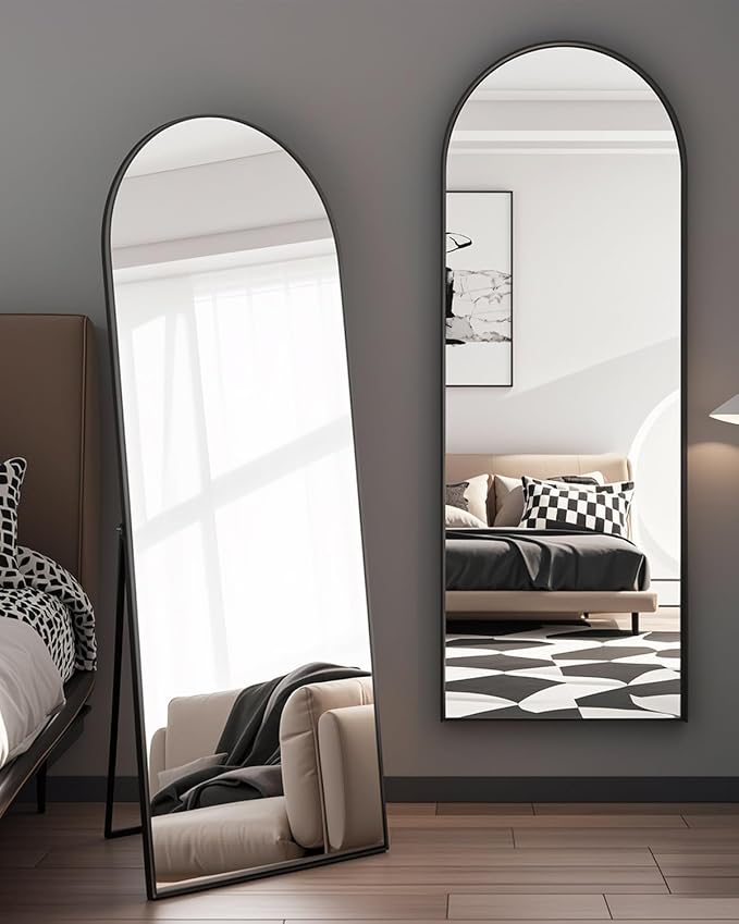 58"x18" Arched Full Length Mirror - Wall/Floor Mounted with Stand, Shatter-Proof Glass & Aluminum Frame, Large Body Mirror for Bedroom, Living Room, Entryway or Cloakroom, Black