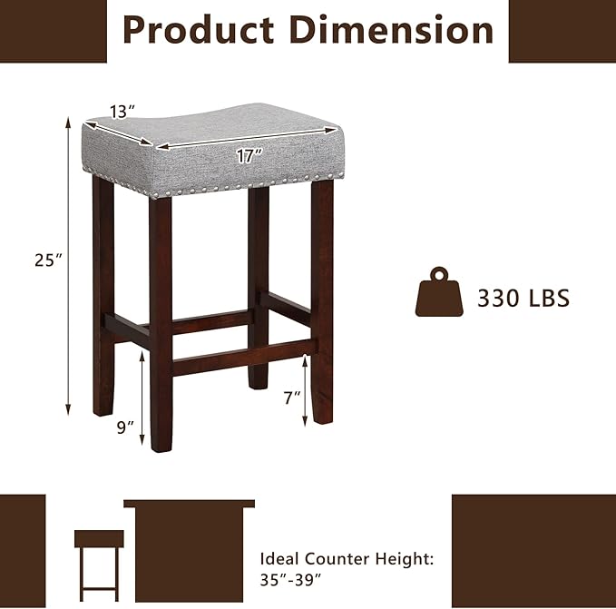 Giantex 25" Counter Height Bar Stools Set of 2 - Backless Saddle Barstools with Nailhead Linen Foam Seat, Max Load 330 Lbs Wood Bar Stools with Foot Rest for Kitchen Island, Grey