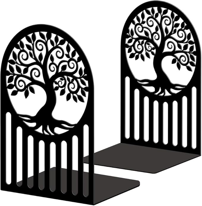 Peacoblue Metal Bookends for Shelves, Modern Decorative Heavy Duty Study Book Ends Stoppers for Office, Desk, Shelf, Room 5.3"x4.3"x7.9" Cast Iron Simple Tall Bookends 1 Pair (Tree of Life Pattern)